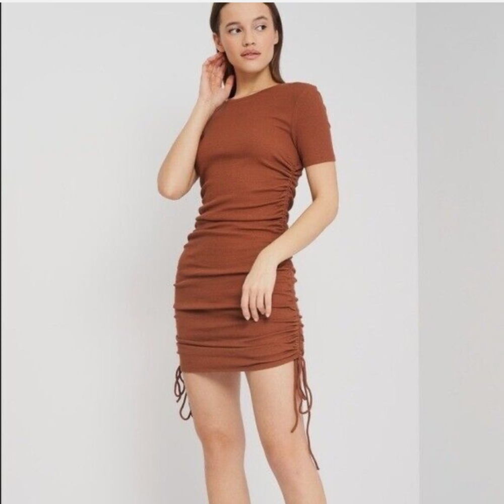 Zara Brown/Rust Ribbed-Ruched T-shirt Mini Dress